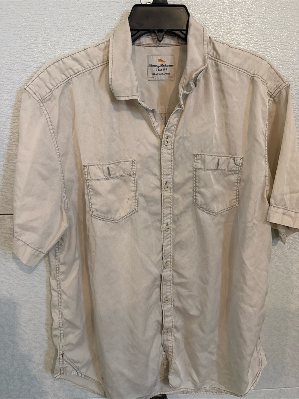 Tommy Bahama Jeans Island Crafted Men's Large Short Sleeve Button Shirt Beige
